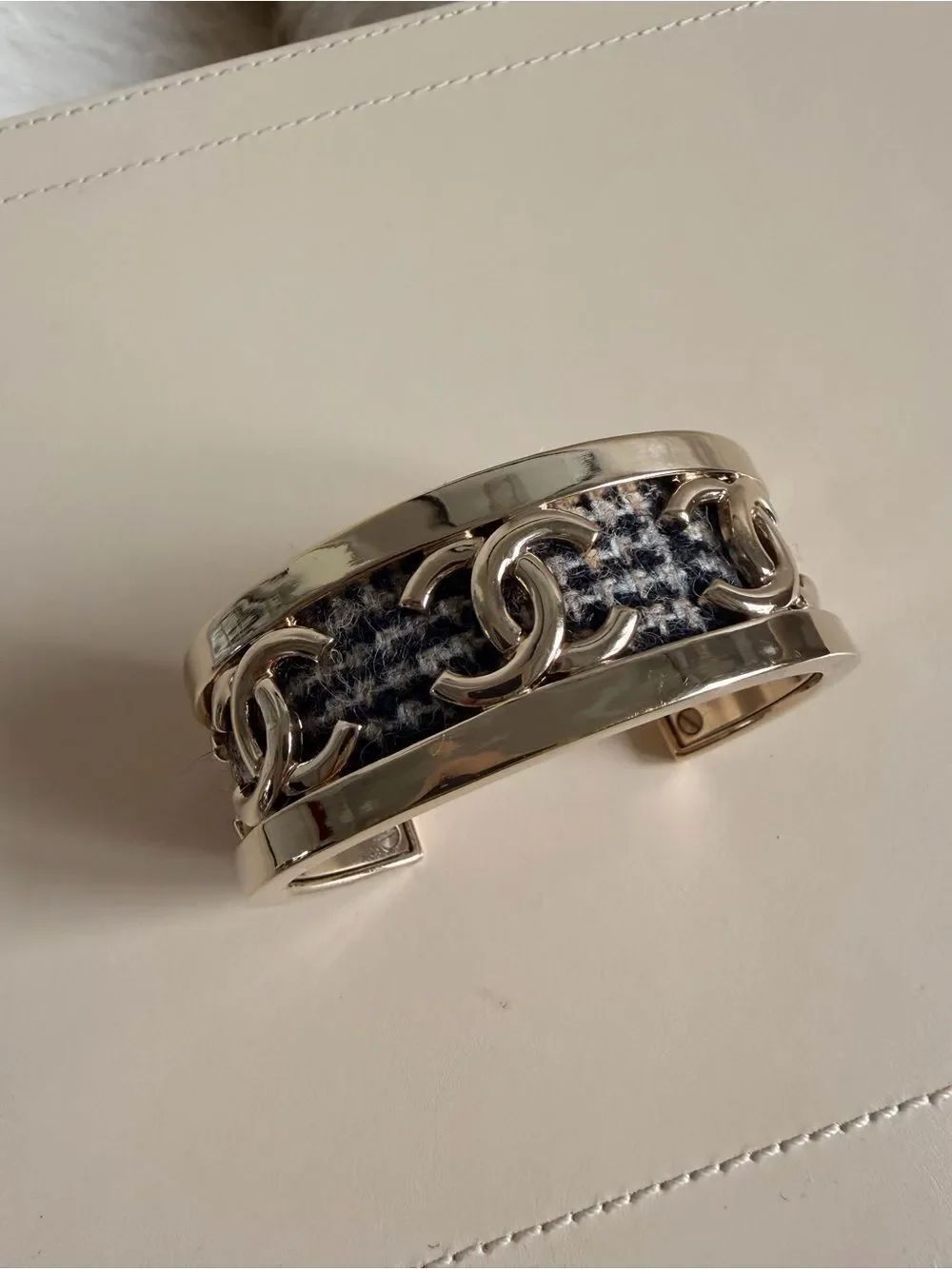 CHANEL Silver Tweed CC Link Cuff Bracelet - Black & White